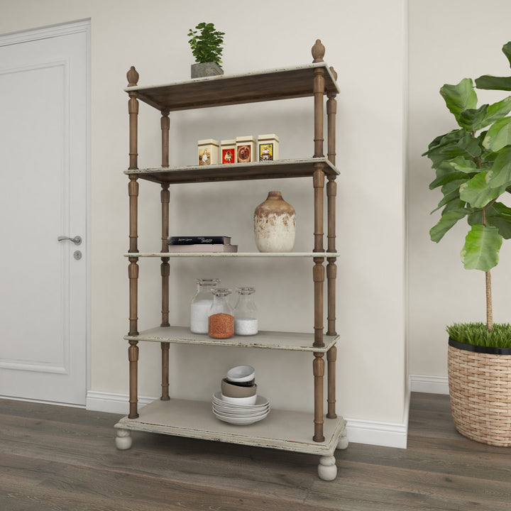 Elodie White Wood Distressed Open 5 Shelf Shelving Unit with Brown Spindle Sides and Ball Feet Kelly Clarkson Home