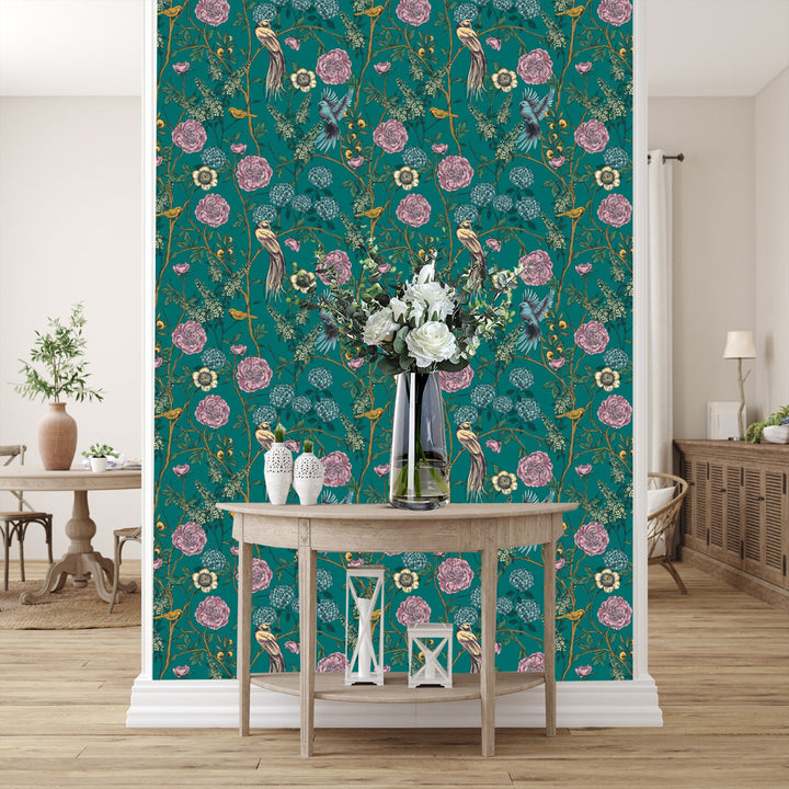 Pine and Birds 10' L x 24" W Peel and Stick Wallpaper Roll Winston Porter