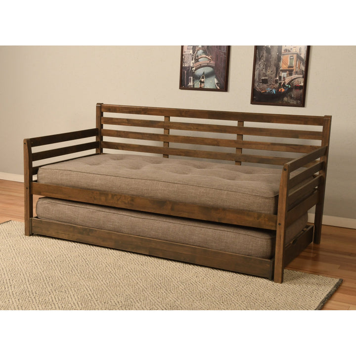 Alhamdi Boho Daybed and Pop-Up Bed with Mattresses Lark Manor™ Frame Color: Rustic Walnut, Mattress Color: Woodsmoke Brown
