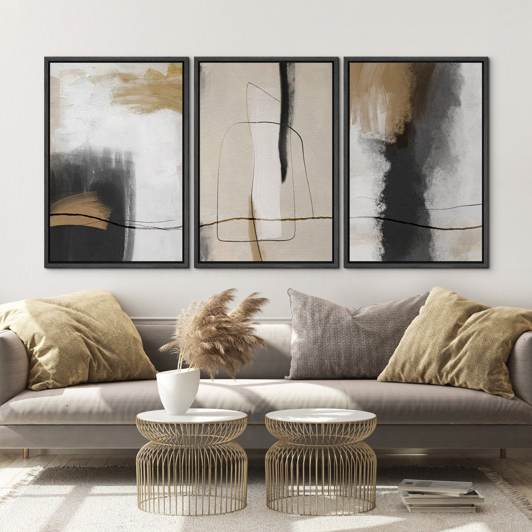 Grunge Abstract Paint Stroke Effect Tan Gray Neutral Organic Modern Pictures Framed Canvas Abstract Living Room Wall Art Painting Print IDEA4WALL Size: 36" H x 72" W Format: Black Plastic Framed