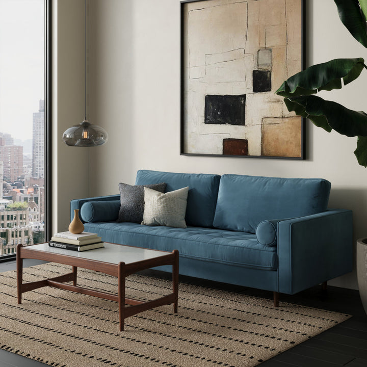 Geo 84" Upholstered Sofa AllModern Fabric: Ocean Blue Velvet