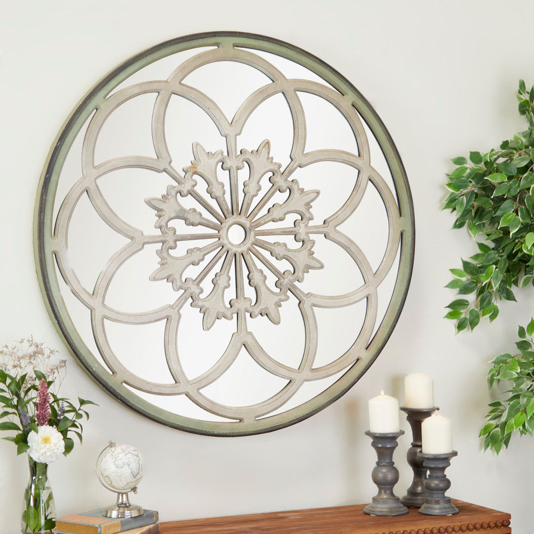 Wooden Medallion Floral Room Cream Wall Mirror with Vintage Frame Bungalow Rose