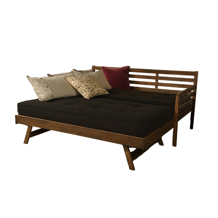 Alhamdi Boho Daybed and Pop-Up Bed with Mattresses Lark Manor™ Frame Color: Rustic Walnut, Mattress Color: Canton Black