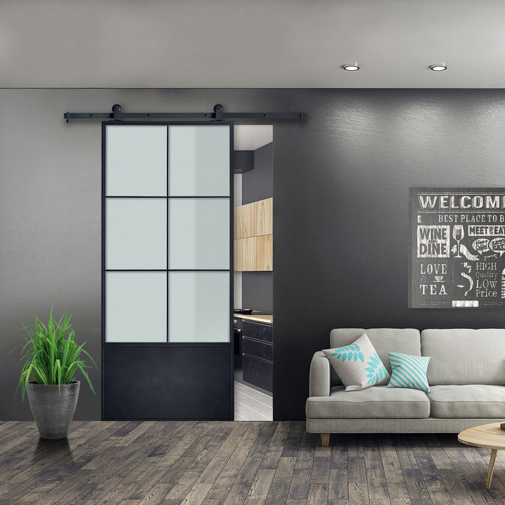 Paneled Metal and Glass Broadway Barn Door Renin