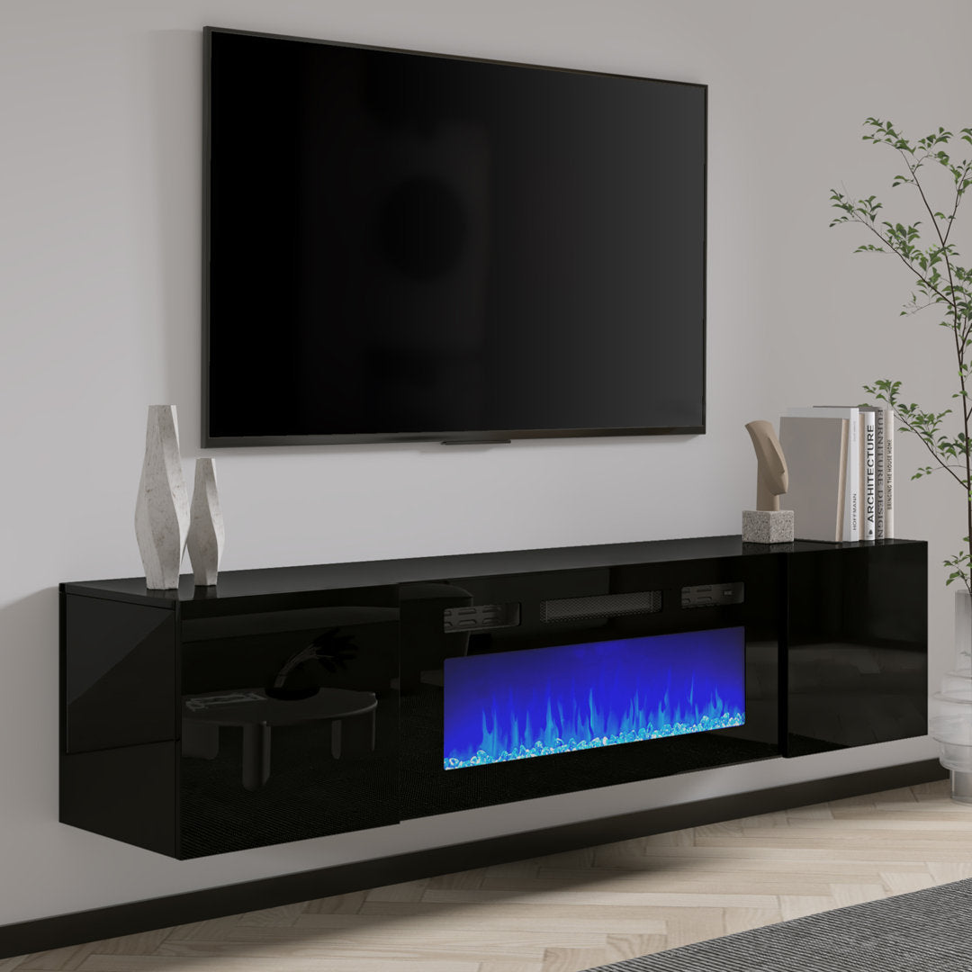 Bhhatu Highgloss Wall Mounted Floating Fireplace TV Stand Wade Logan® Color: Black Overall Entertainment Center Width - Side to Side: 68"