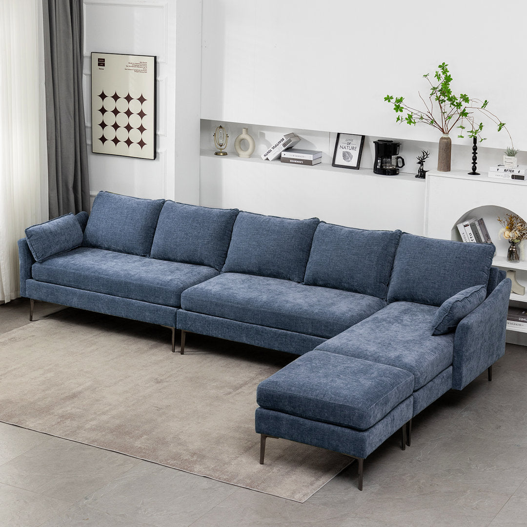 4 - Piece 137.4" Wide Chenille Reversible Modular Corner Sectional Latitude Run® Fabric: Blue Foam