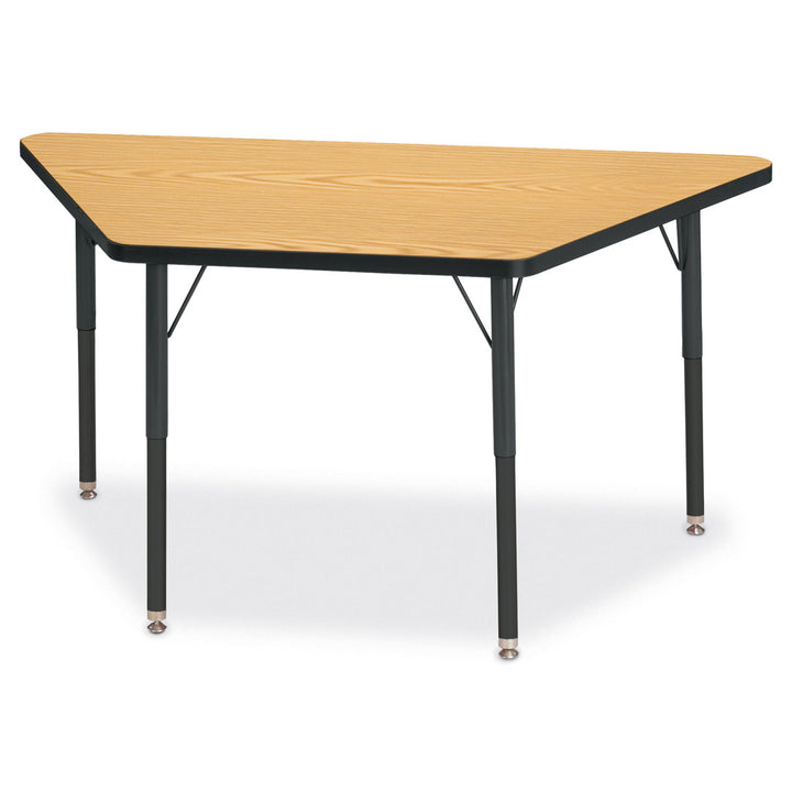 Berries® Trapezoid Activity Tables Jonti-Craft Size: 28" W x 48" D (Adult size: 24" - 31" H) Side Finish: Oak with Black Ridgeline Band