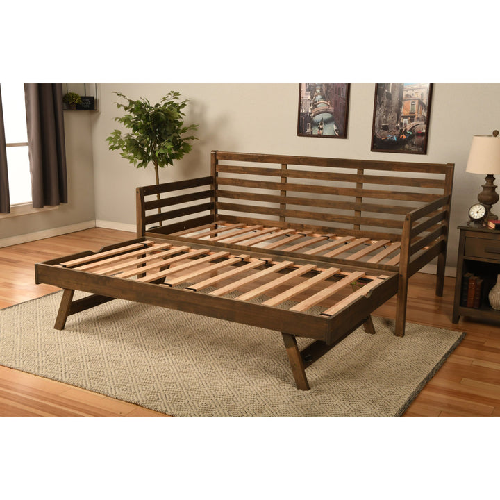 Alhamdi Boho Daybed and Pop-Up Bed with Mattresses Lark Manor™ Frame Color: Rustic Walnut, Mattress Color: Seaport Blue