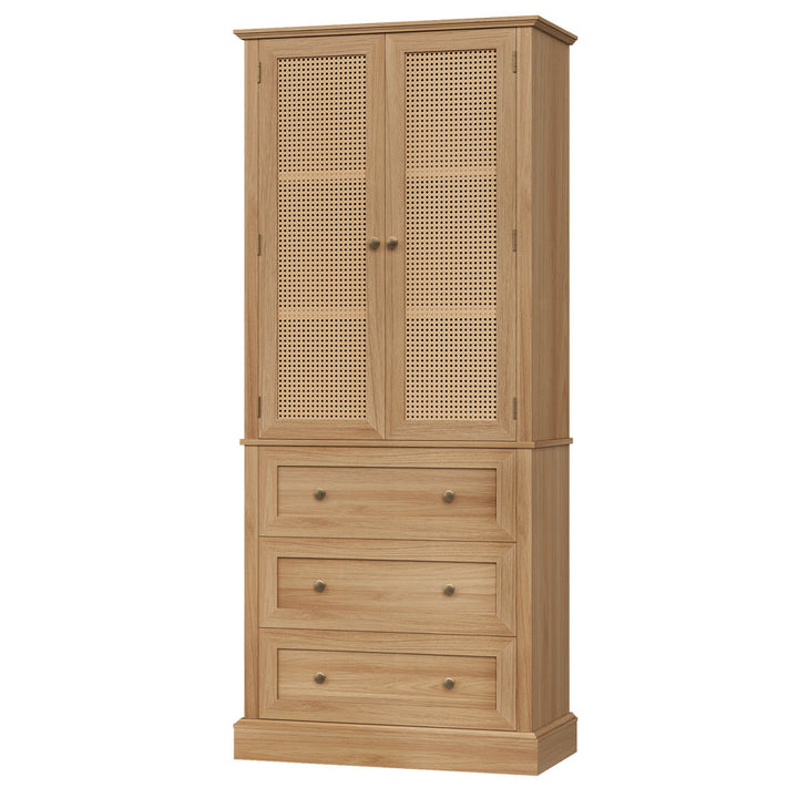 Ashlon 73" Kitchen Pantry With Adjustabel Shelf, Rattan Door Pantry Cabinet With Removable Wine Rack Bay Isle Home™ Finish: Brown Oak
