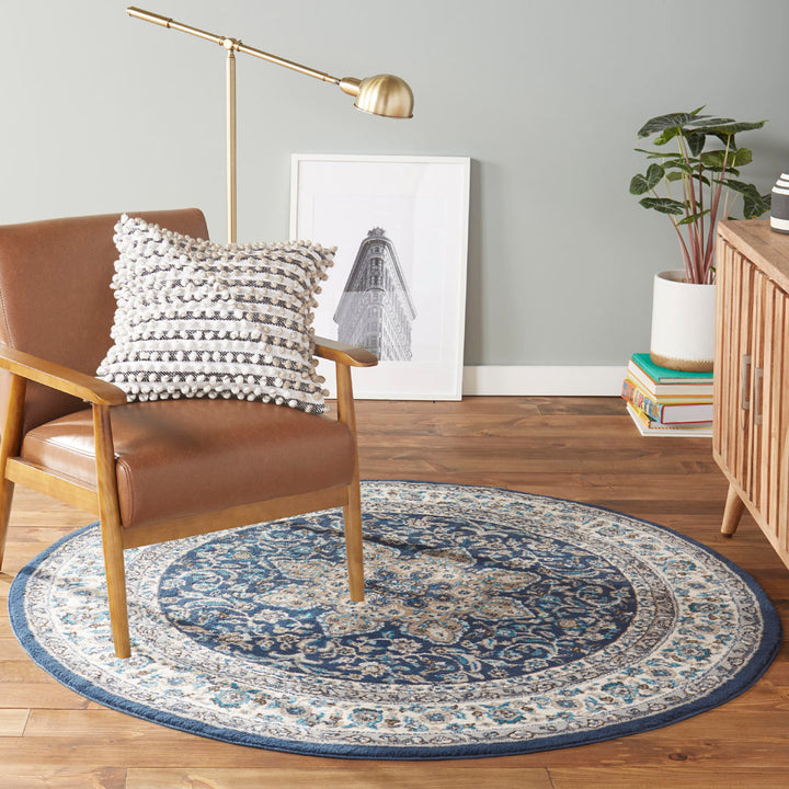 Mountview Oriental Area Rug in Navy/Ivory/Beige Andover Mills™ Rug Size: Round 5'2"