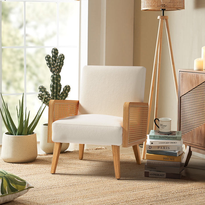 Mayenne Upholstered Accent Chair with Rattan Arms Lark Manor™ Fabric: Beige Velvet