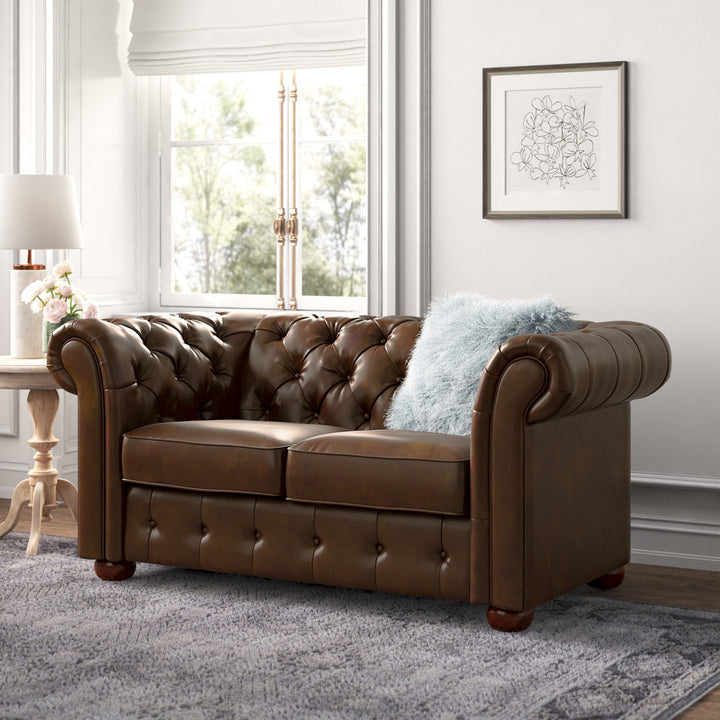 Huskins 68.4" Faux Leather Rolled Arm Chesterfield Loveseat Three Posts™