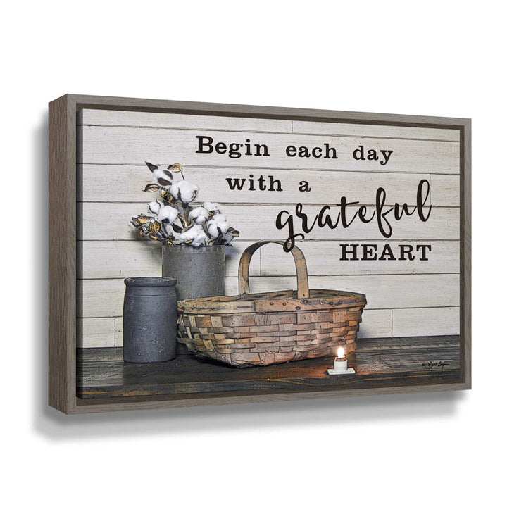 Remaley Begin Each Day with a Grateful Heart by Susie Boyer - Print on Canvas Laurel Foundry Modern Farmhouse® Size: 14" H x 18" W x 2" D Format: Gray Floater Frame