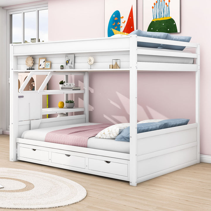 Dalvey Kids Full Over Full 3 Drawers Convertible Futon Bunk Bed with Storage Staircase Harriet Bee Bed Frame Color: White