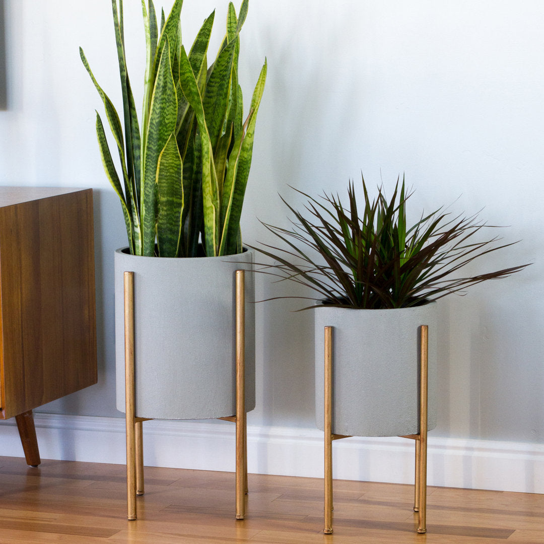 Stacia Round Metal Mid Century Indoor Pot Planter Set Joss & Main Color: Gray/Gold