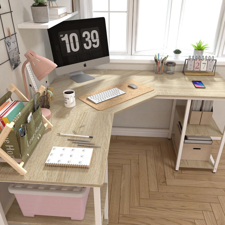 56.9" L Shaped Desk with Shelves Corner Computer Desk Large Table Inbox Zero Color (Top/Frame): Beech/White