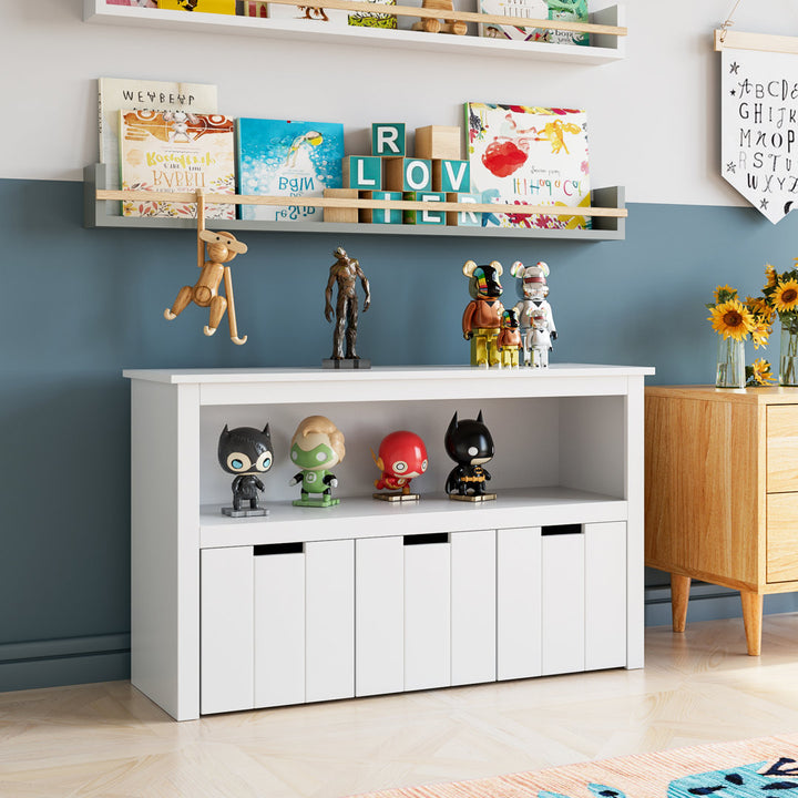 Bayze Bookcase with Removable Drawers, White Wade Logan® Wheels: Spinning Wheels