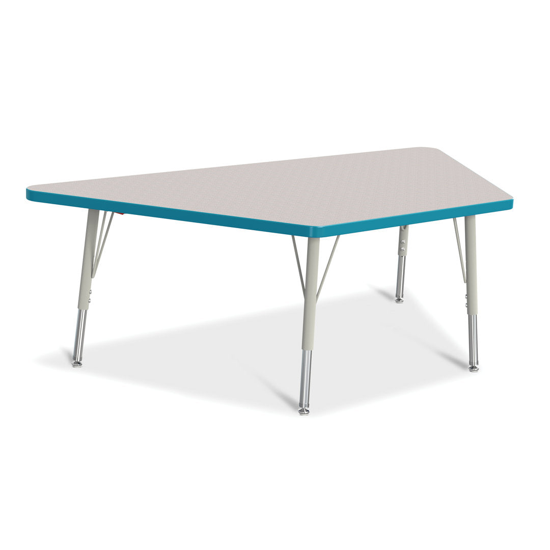 Berries® Trapezoid Activity Tables Jonti-Craft Size: 30" W x 60" D (Elementary size: 15" - 24" H) Side Finish: Freckled Gray with Teal Rainbow Accent