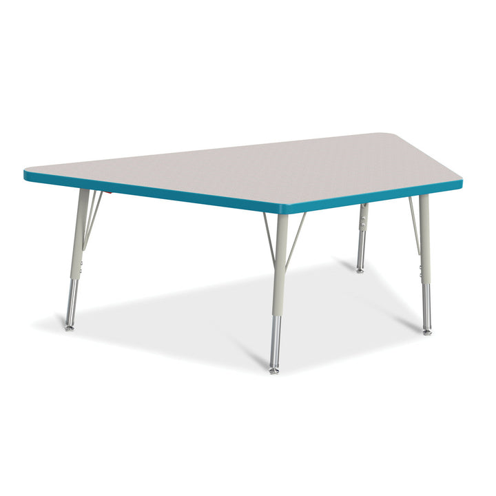 Berries® Trapezoid Activity Tables Jonti-Craft Size: 30" W x 60" D (Elementary size: 15" - 24" H) Side Finish: Freckled Gray with Teal Rainbow Accent