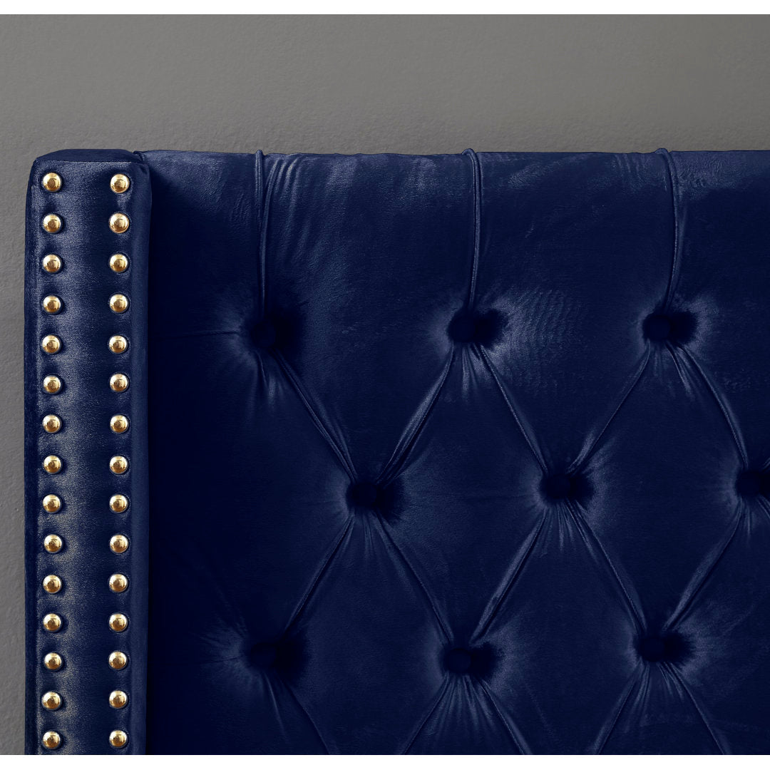 Joclynn Solid Wood Tufted Upholstered Low Profile Platform Bed Everly Quinn Color: Navy Velvet Size: Full Nailhead Finish: Gold