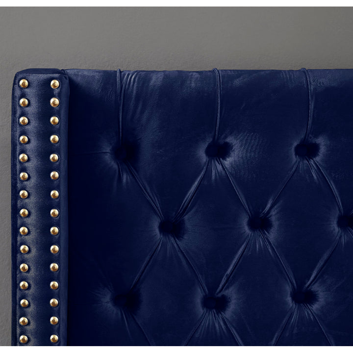 Joclynn Solid Wood Tufted Upholstered Low Profile Platform Bed Everly Quinn Color: Navy Velvet Size: Full Nailhead Finish: Gold