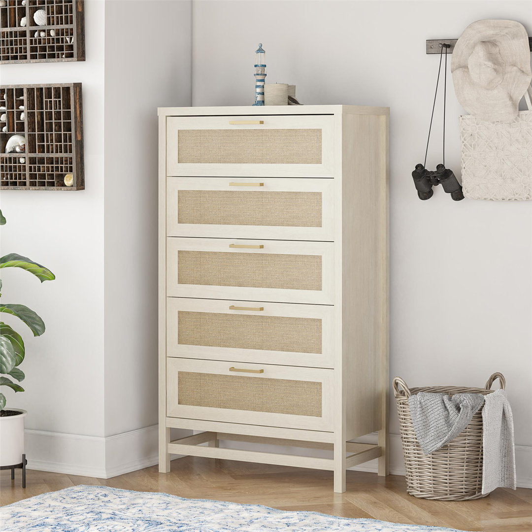Barros Faux Rattan 5 Drawer 31.65" W Chest Beachcrest Home™ Color: Ivory Oak