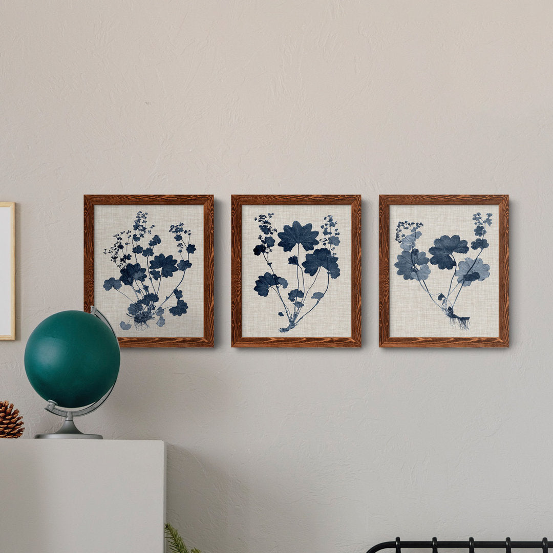 Navy and Linen Leaves II - 3 Piece Picture Frame Painting Set on Canvas Red Barrel Studio® Frame Color: Maple Size: 24" H x 36" W x 1.5" D