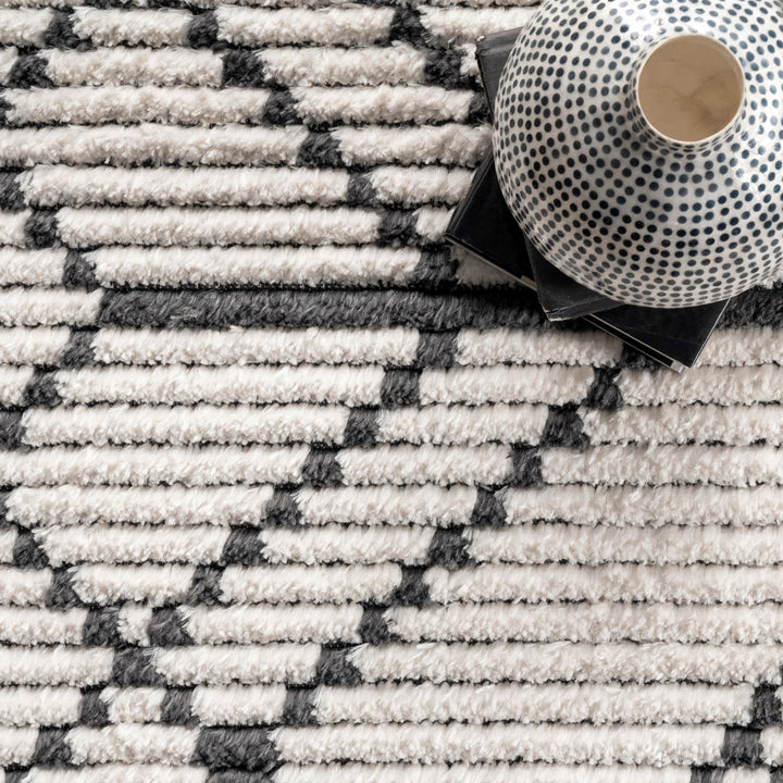 Nola Geometric Textured Shag Power Loom Performance Beige Rug Steelside™ Rug Size: Rectangle 5'3" x 7'4"