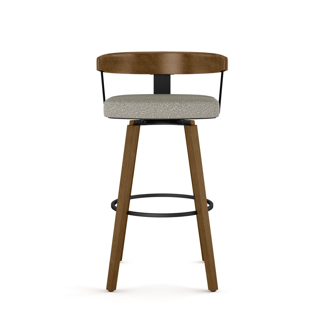Calvion Swivel Counter & Bar Stool with Wooden Backrest Wade Logan® Upholstery: Light Beige/Gray Bouclé, Seat Height: Counter Stool (26.25" Seat Height)