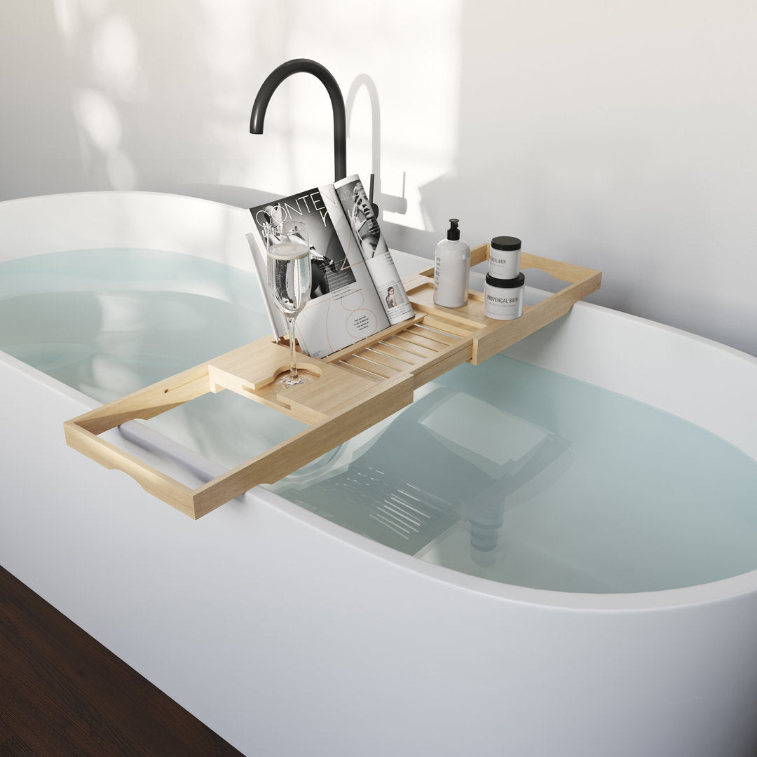 Gardner Bamboo Bathtub Tray - Wood Bath Caddy with Book, Phone, or Tablet Rest, Cup Holder, and Extended Sides for Bath Accessories by Home-Complete Rebrilliant