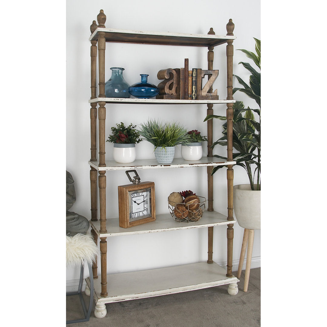Elodie White Wood Distressed Open 5 Shelf Shelving Unit with Brown Spindle Sides and Ball Feet Kelly Clarkson Home