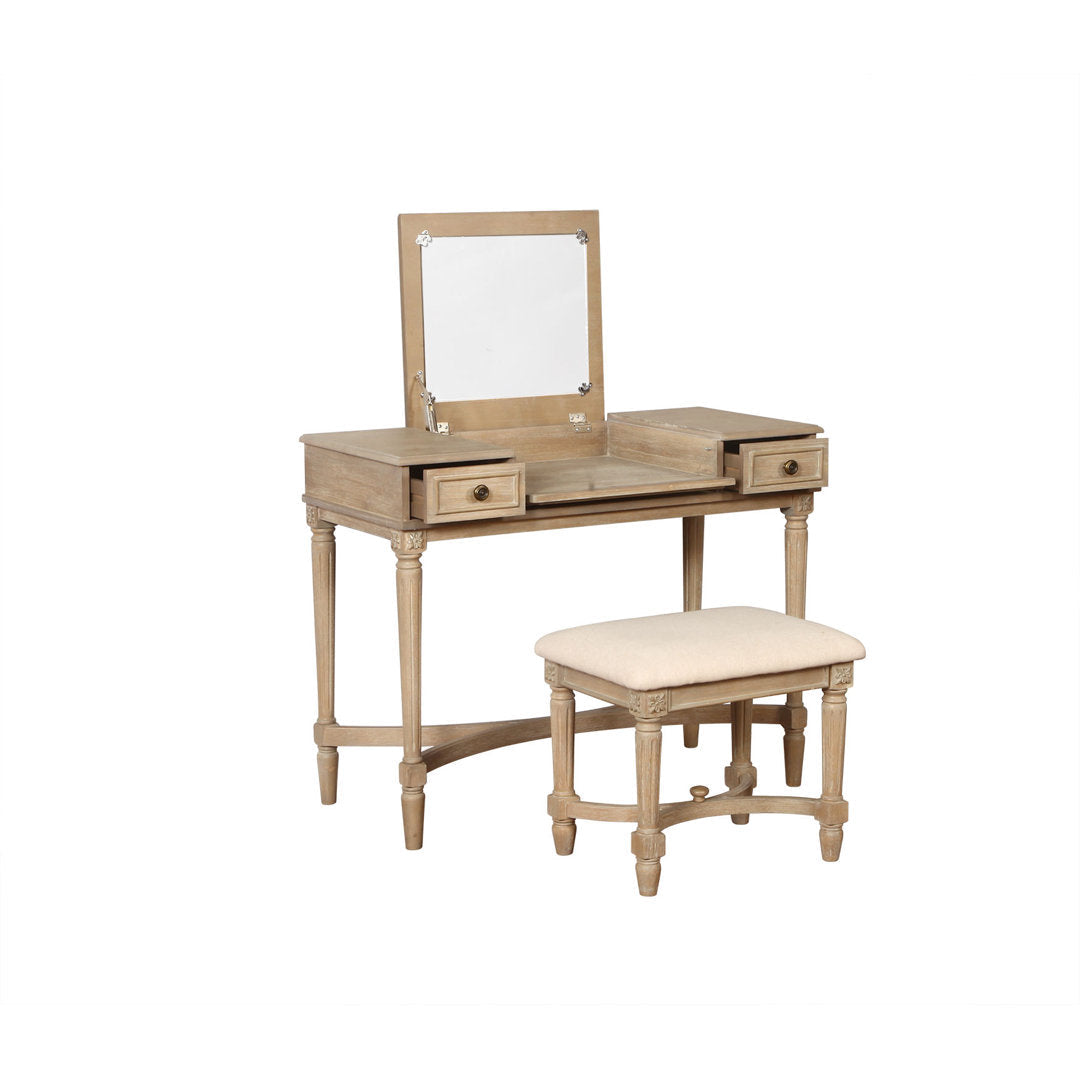 June Natural Two Drawer Flip Top Vanity Set with Stool Kelly Clarkson Home