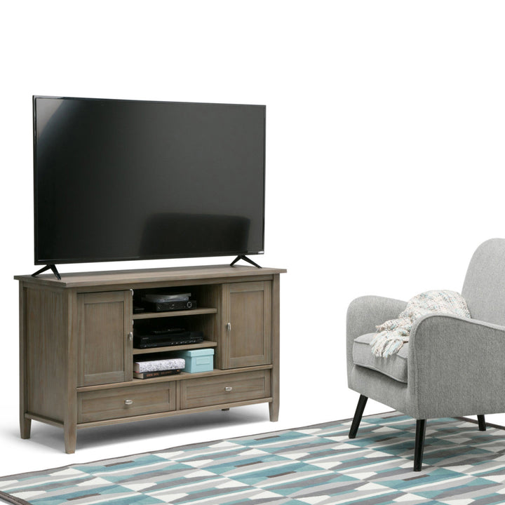 Warm Shaker SOLID WOOD TV Media Stand iFor TVs up to 50 inches Simpli Home Color: Distressed Gray