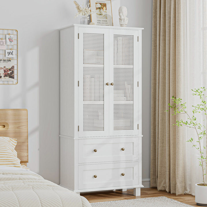 2-Door 2-Drawer Tall Locker With Faux Rattan And Faux Solid Wood Surface, 64.4"H X 28.54"W X 15"D Bay Isle Home™ Color: White