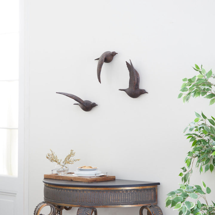 3 Piece Brown Polystone Metallic 3D Sculpted Bird Wall Decor Set Breakwater Bay
