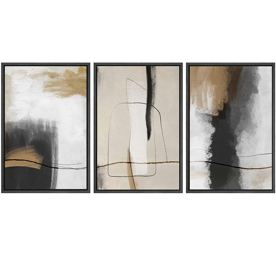 Grunge Abstract Paint Stroke Effect Tan Gray Neutral Organic Modern Pictures Framed Canvas Abstract Living Room Wall Art Painting Print IDEA4WALL Size: 36" H x 72" W Format: Black Plastic Framed