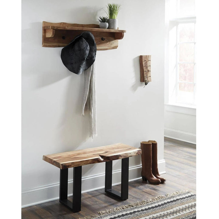 Ains Alpine Natural Live Edge Acacia 48 in. Wood Bench with Metal Straps, Modern Industrial Furniture for Hallway Entryway Living Room Foyer Entry Tree Organizer Shelf Stand Home Decor Union Rustic