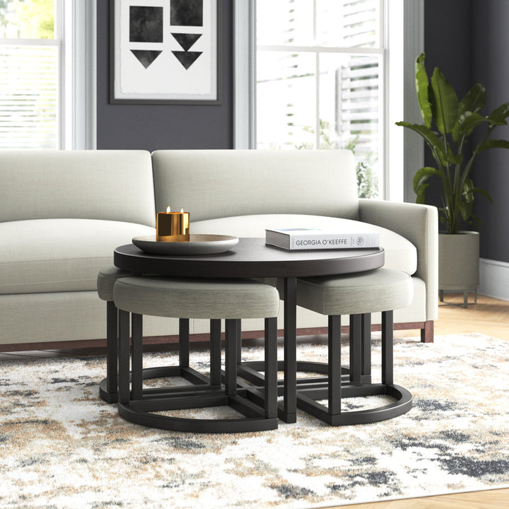Appio 36" Round Coffee Table with 4 Stools Wade Logan® Table Top Color: Dark Brown Wood