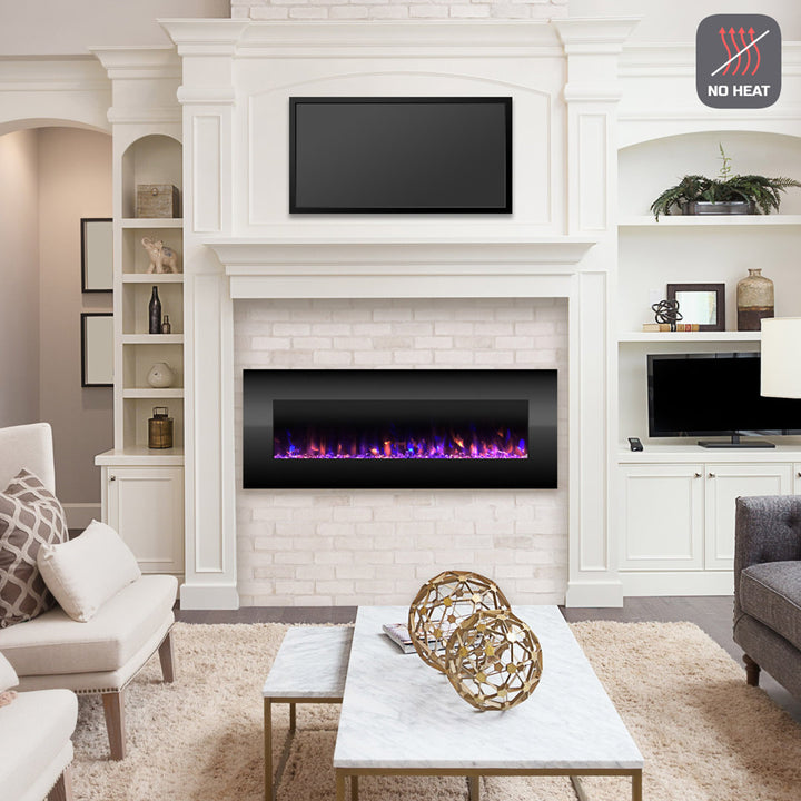 Quevedo Electric Fireplace - 54 Inch No Heat Wall Mounted Fireplace with LED Flames, Remote, Timer, and Adjustable Brightness(Black) Orren Ellis