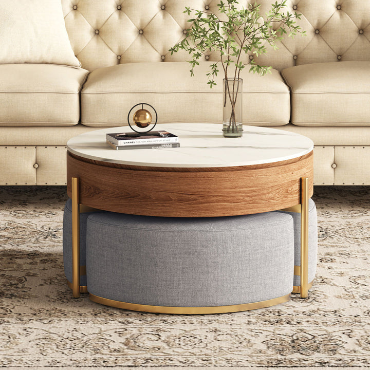 Zinna Lift Top Round Coffee Table Nesting Living Room Table with Storage 3 Stools Included Everly Quinn