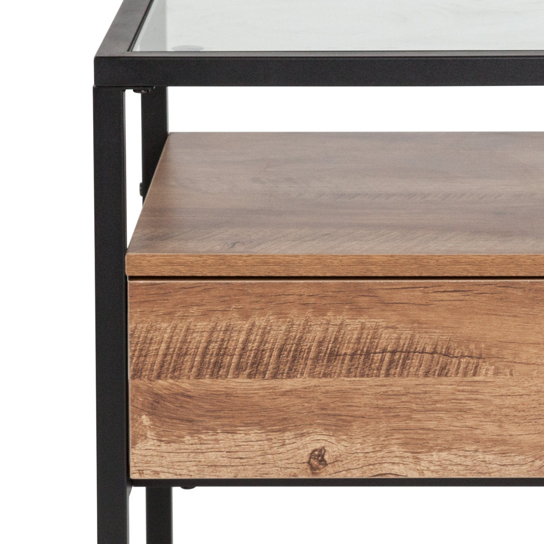 Riaan Glass End Table with Drawer and Shelf in Rustic Wood Grain Finish Union Rustic