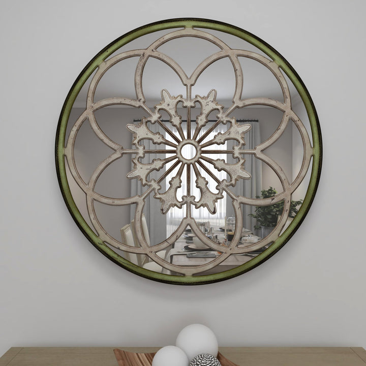 Wooden Medallion Floral Room Cream Wall Mirror with Vintage Frame Bungalow Rose