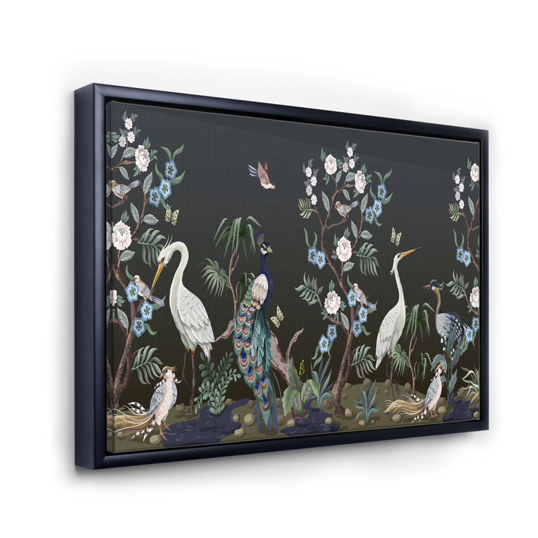 Chinoiserie with Birds and Peonies IV - Painting on Canvas East Urban Home Size: 24" H x 32" W x 1" D Format: Black Floater Frame