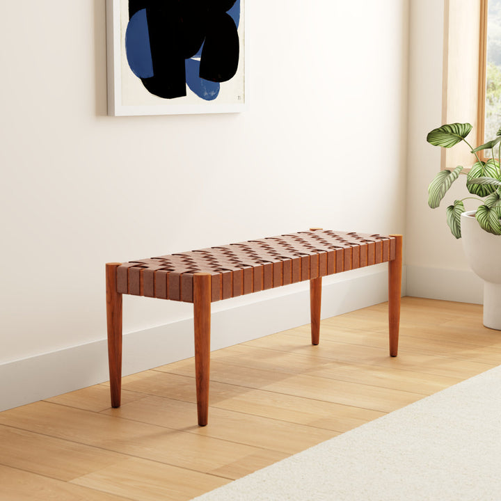 Orin 47" Woven Leather Bench AllModern Color: Dark Brown Frame/Cognac Leather