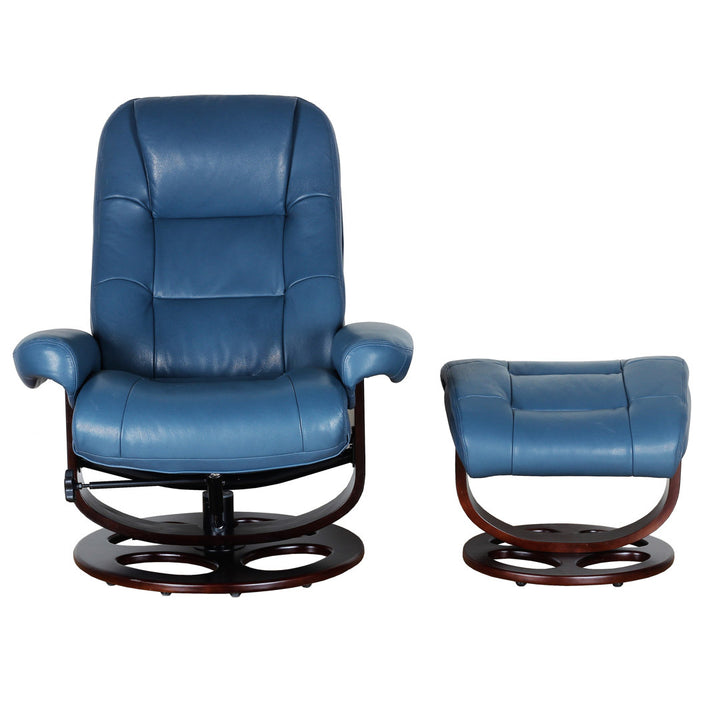 Majeda Manual Swivel Recliner With Ottoman Hokku Designs Body Fabric: Roman Blue Leather Match