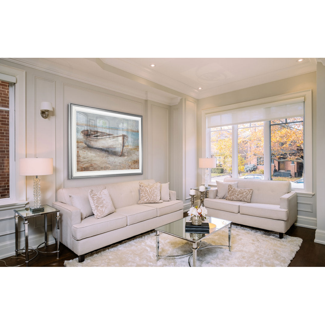 Embellished Whitewashed Boat - Print Beachcrest Home™ Size: 26" H x 36" W  Format: Silver Frame
