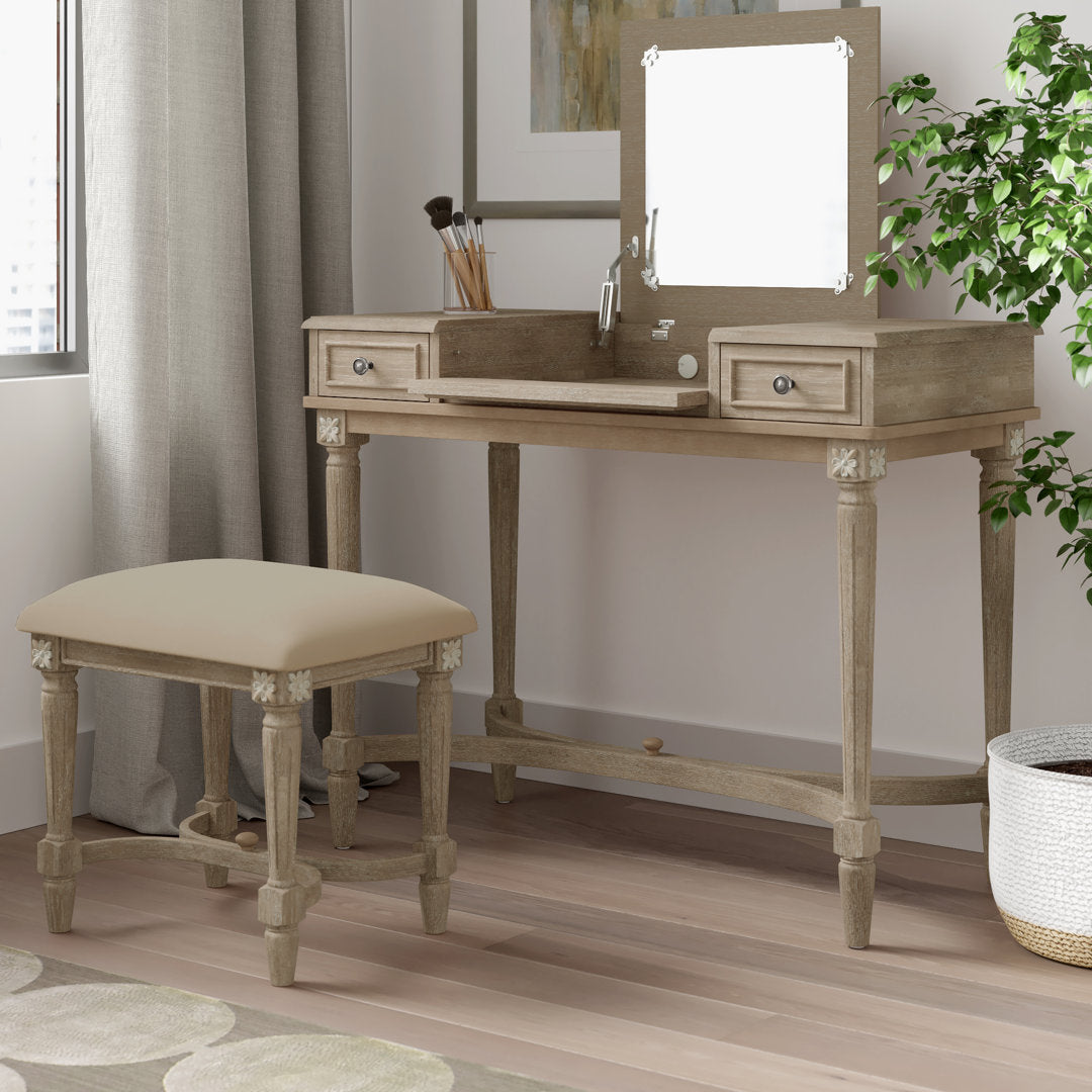 June Natural Two Drawer Flip Top Vanity Set with Stool Kelly Clarkson Home