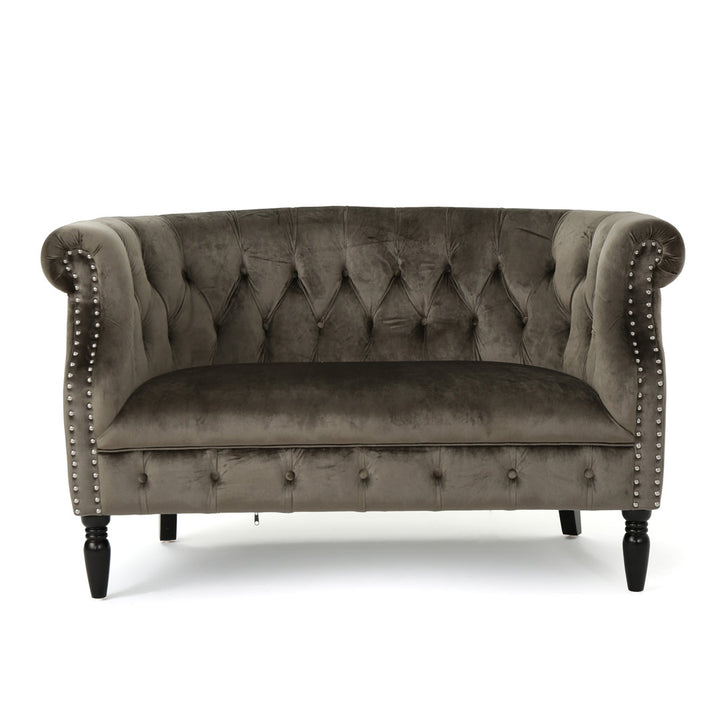 Charlotte 51.5" Velvet Rolled Arm Chesterfield Loveseat Mercer41 Fabric: Gray Velvet