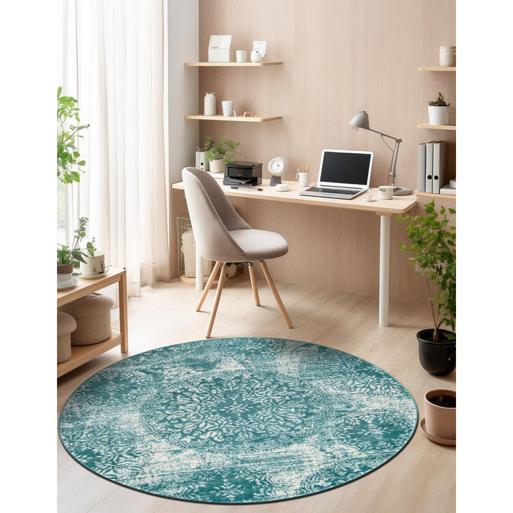 Coblitz Damask Turquoise Area Rug Dakota Fields Rug Size: Round 7'