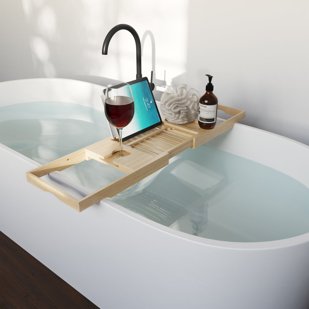 Gardner Bamboo Bathtub Tray - Wood Bath Caddy with Book, Phone, or Tablet Rest, Cup Holder, and Extended Sides for Bath Accessories by Home-Complete Rebrilliant